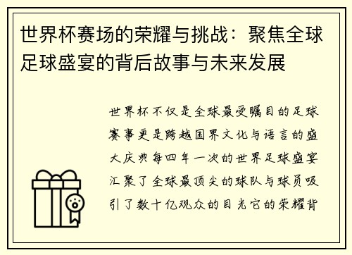 世界杯赛场的荣耀与挑战：聚焦全球足球盛宴的背后故事与未来发展